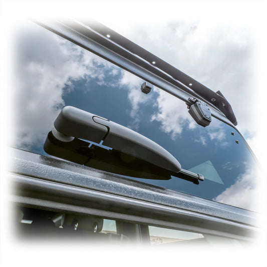 Bronco hard top rear window with defrost grid and wiper assembly, side view
