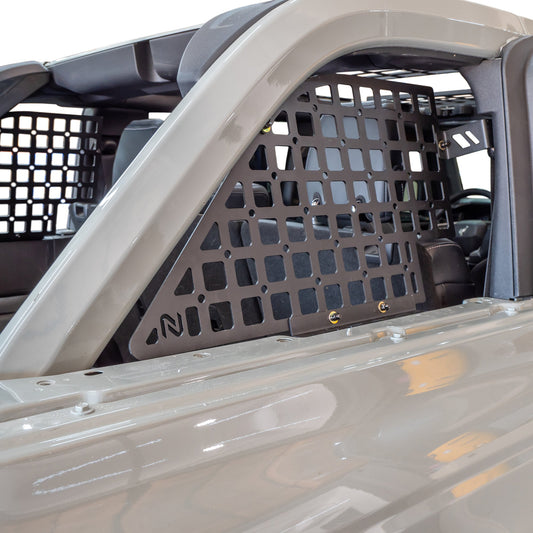 Black Molle storage panels for Bronco rear windows, close-up view