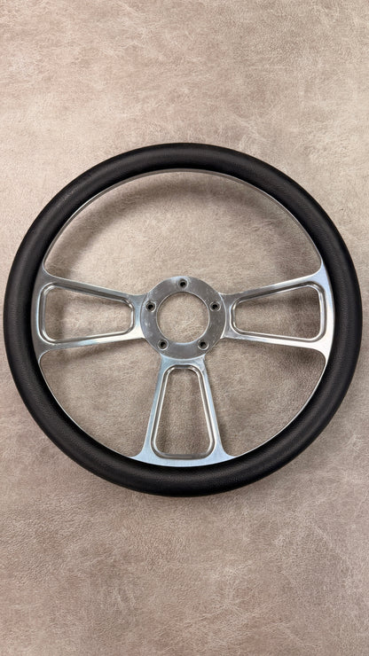 Polished Steering Wheel w/Black Vinyl Wrap for 1966-91 Ford Bronco, BLEM AA