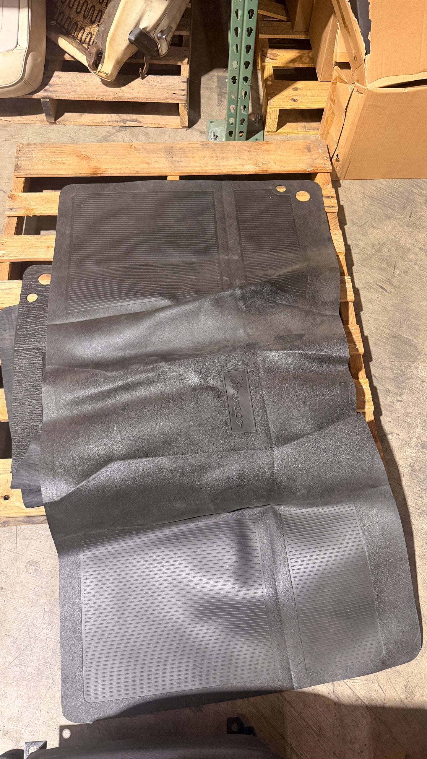 Black Front Floor Mat w/Bronco Script, OE Style for 1966-77 Ford Bronco, BLEM AA