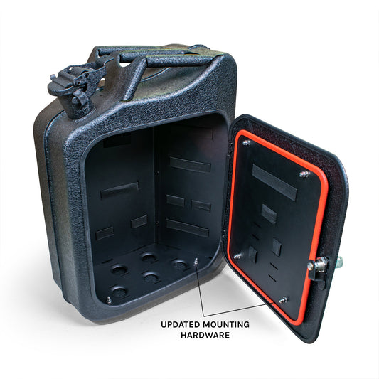 Mini bar shaped like a jerry can with black finish, mounted on Ford Bronco, side view