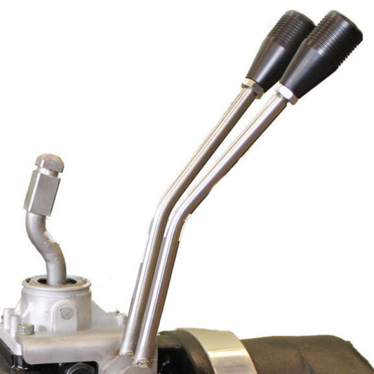 Black twin stick shifter with J-style design and AX-15 knobs, front view