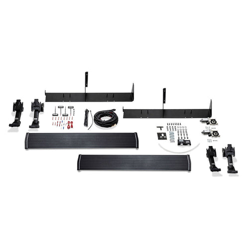 Black steel power step kit with textured tread plate, side view