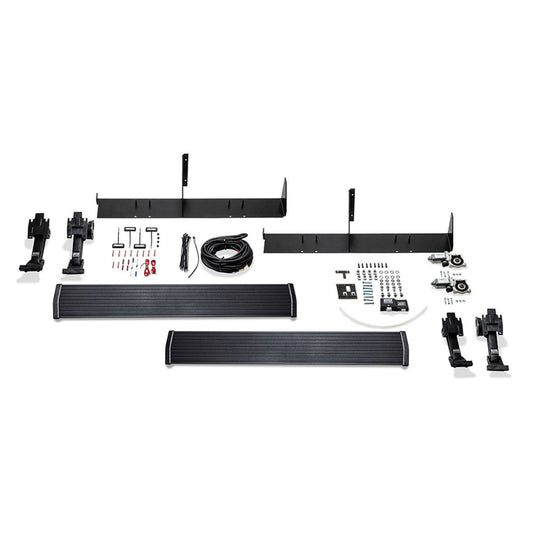 Black steel power step kit with textured tread plate, side view