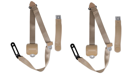 Tan 3-point seat belts with chrome buckles for classic Ford Bronco, front view