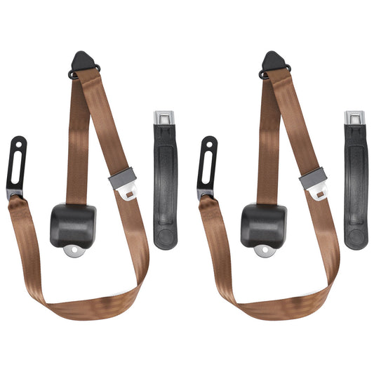 Copper-colored three-point seat belt set for classic Ford Bronco, showing shoulder and lap straps