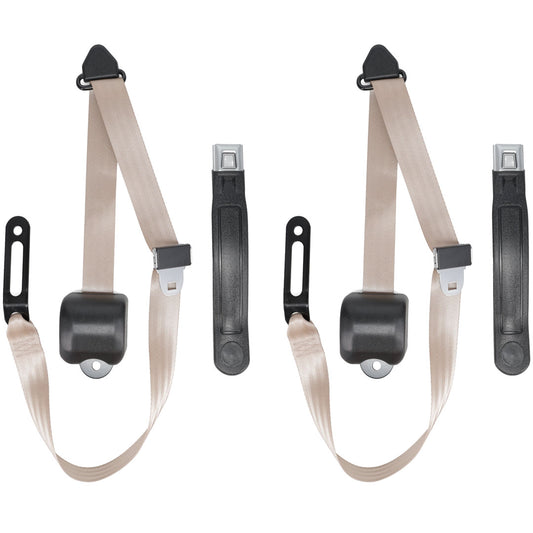 Tan 3-point seat belt set with chrome hardware, side view