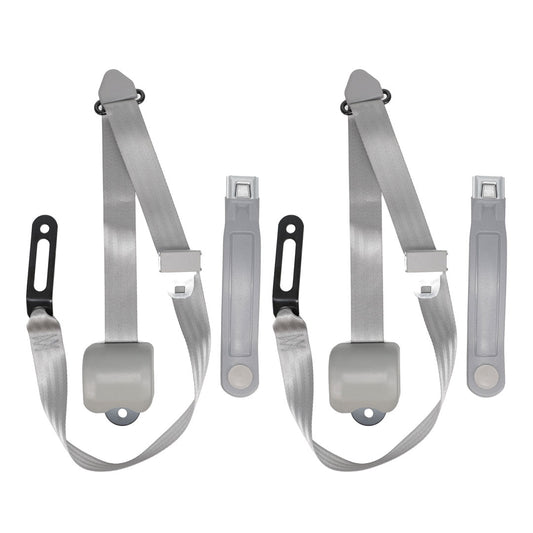 Black 3-point shoulder seat belt set with chrome buckles, front view