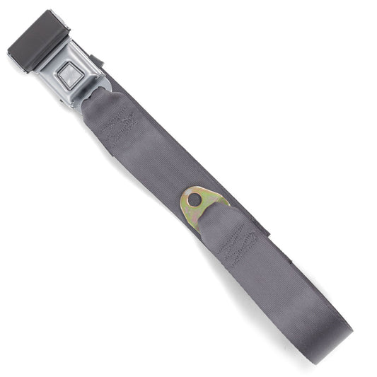 Black lap seat belt with silver mounting bolts, close-up view