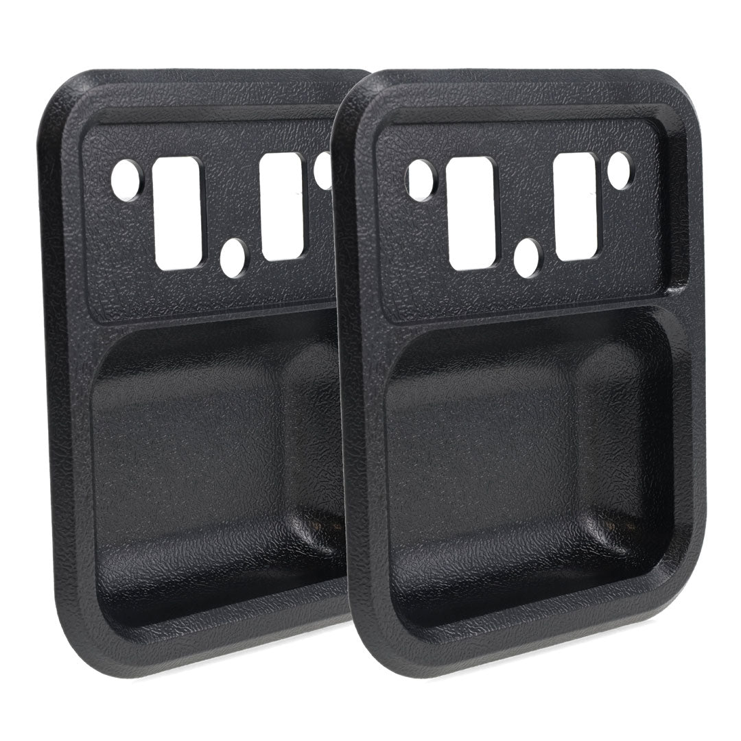 Black metal door cups with textured finish, side view