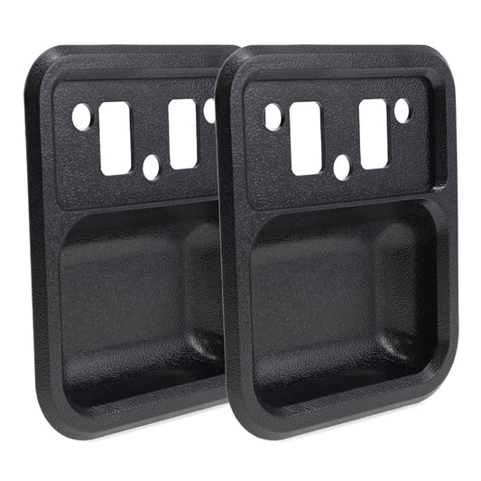 Black metal door cups with textured finish, side view