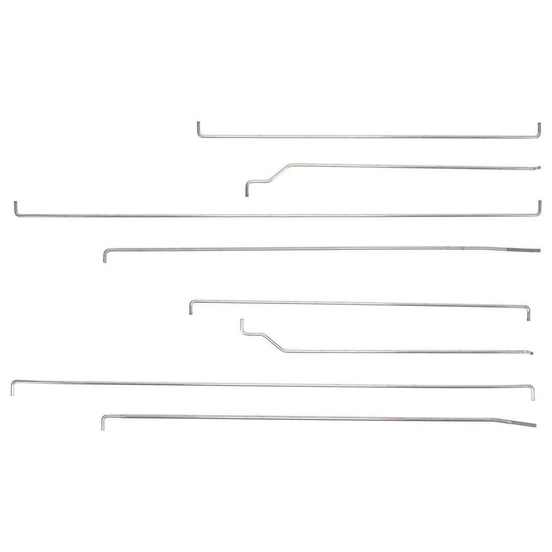 Pair of black steel door rods with mounting hardware for classic truck, side view