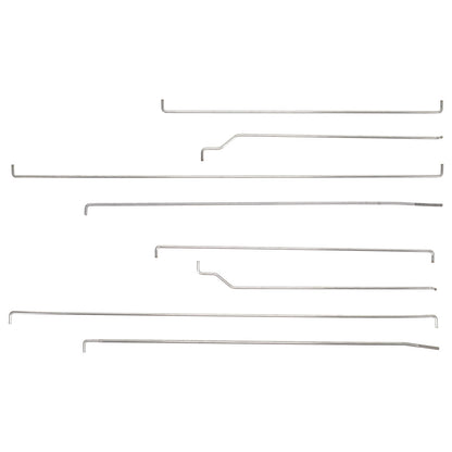 Pair of black steel door rods with mounting hardware for classic truck, side view