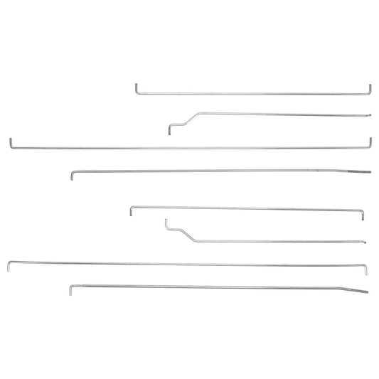 Pair of black steel door rods with mounting hardware for classic truck, side view