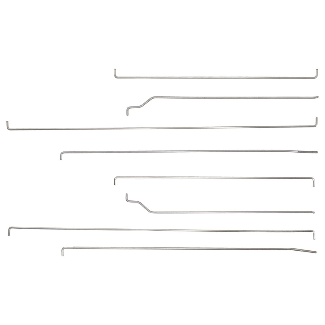 Pair of steel door rods with mounting hardware for classic truck, front view