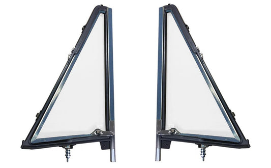 Pair of chrome vent window assemblies with metal frames, side view