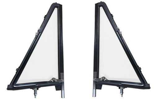 Pair of black vent window assemblies with metal frames and rubber seals, side view