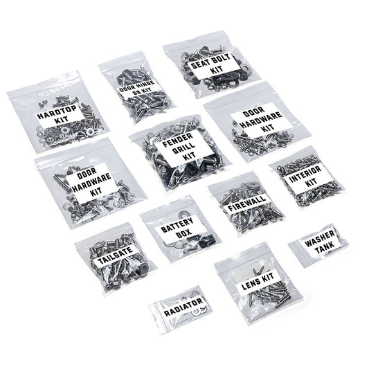 Stainless steel bolt and screw kit with hex heads, side view