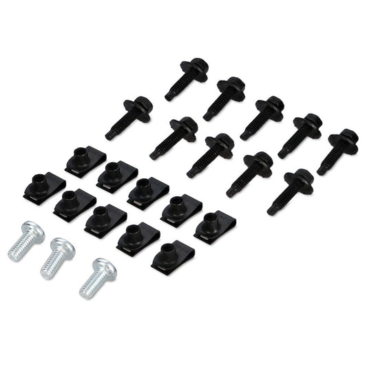 Chrome-plated fender mounting bolts with retaining clips, side view