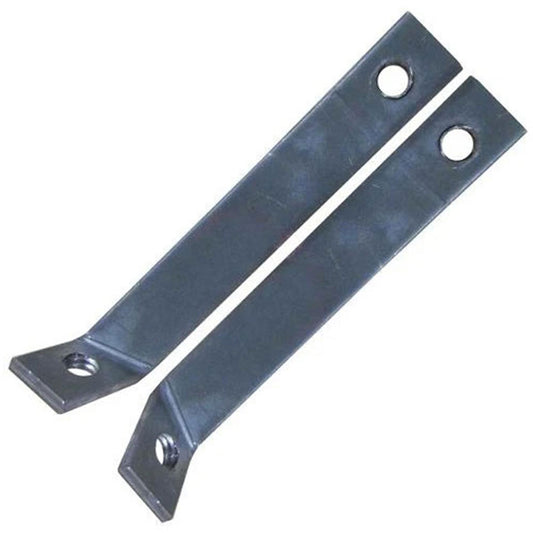 Pair of black steel fender brackets with bolt holes, side view