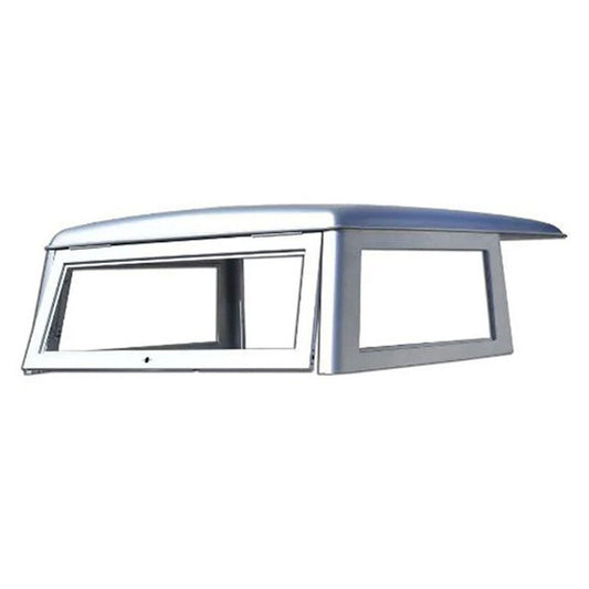Steel hard top assembly with reinforced edges and mounting brackets, front view