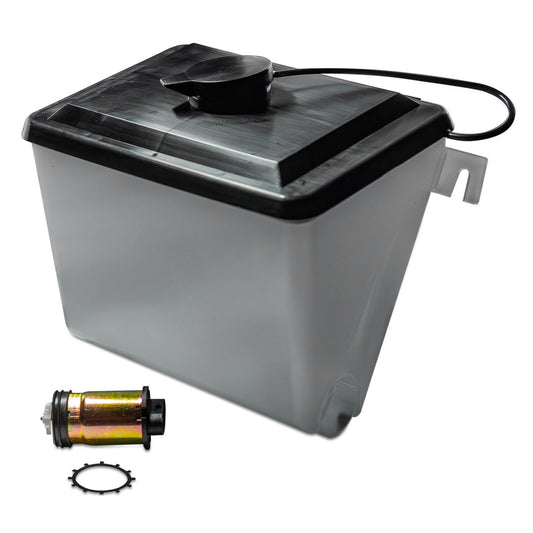 Black plastic washer bottle with pump and mounting bracket, front view