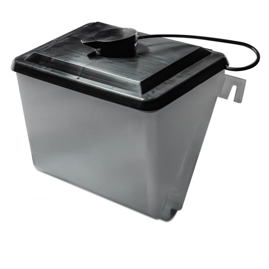 Black plastic wiper washer bottle with cap and hose connection, front view