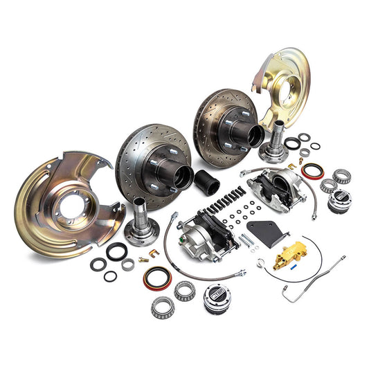 Silver disc brake conversion kit with red calipers for classic Ford Bronco, front view
