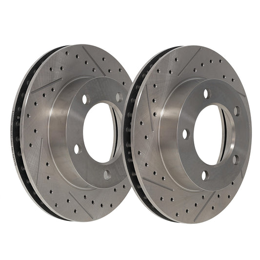 Drilled and slotted steel brake rotors with ventilation holes, front view