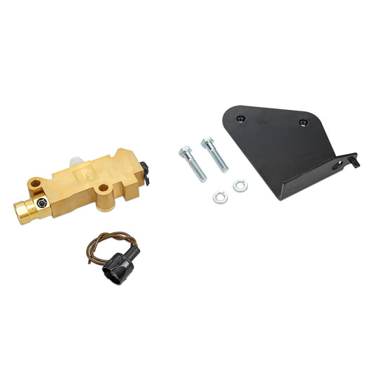 Silver brake proportioning valve with bracket and hard line, side view