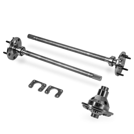 Black steel rear axle with 31-spline shafts, side view