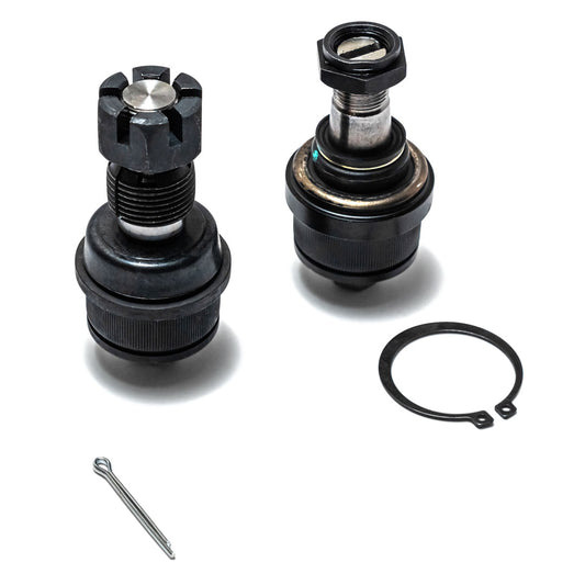 Upper and lower ball joints with silver metal finish, side view