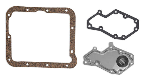 Silver transmission filter with rubber gasket and metal housing, side view