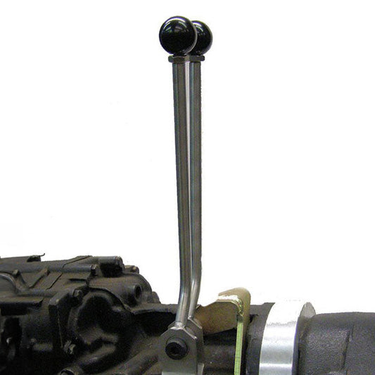 Black J-style twin stick shifter with textured knobs for NV3550 or ZF transmissions, close-up view