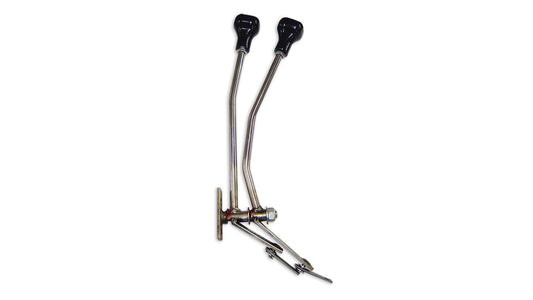 Black T-style twin stick shifter with textured knobs, side view