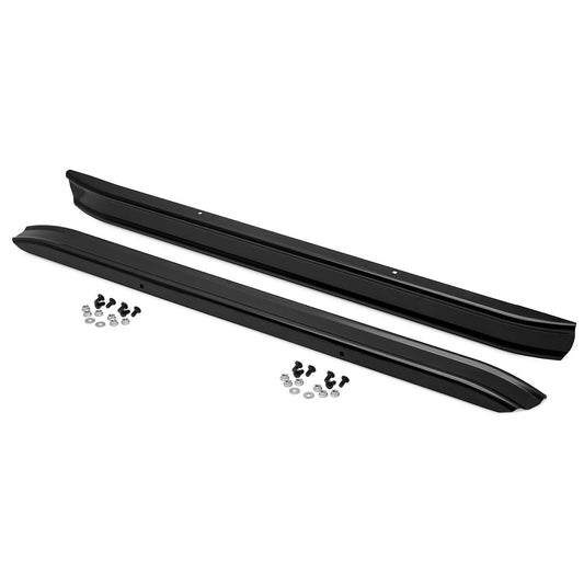 Pair of black steel bumpers with mounting hardware for Ford Bronco, front view