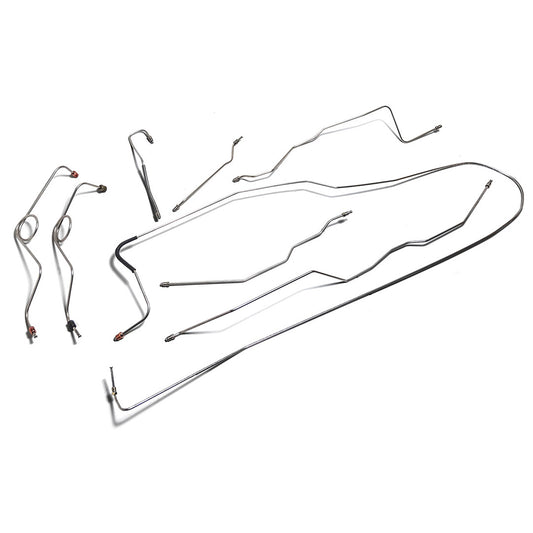 Stainless steel brake line kit with fittings and protective sleeves, front view