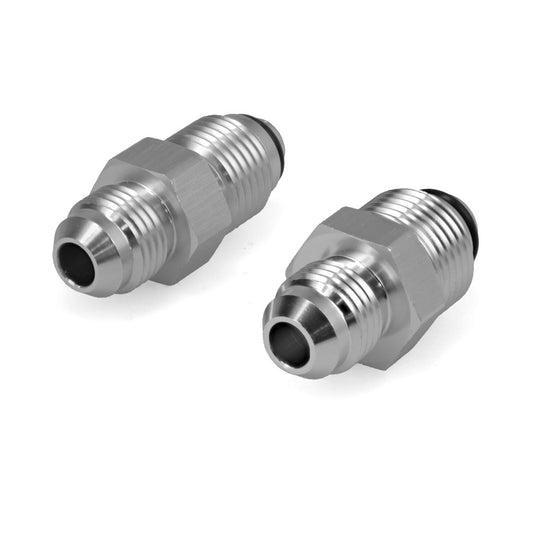 Silver metal power steering fitting kit with multiple connectors and hoses, front view