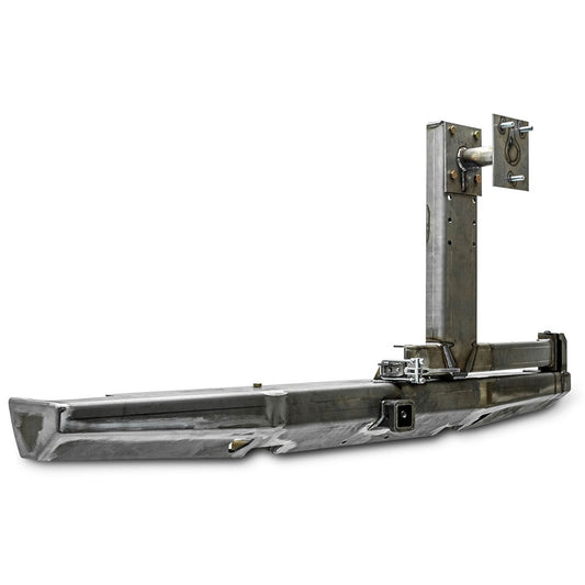 Black steel rear bumper with swing-out tire carrier for Ford Bronco, side view