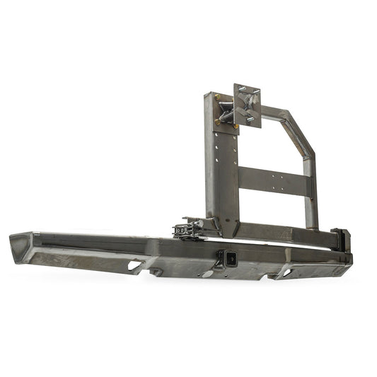 Black steel rear bumper with swing-away tire carrier for classic Ford Bronco, side view