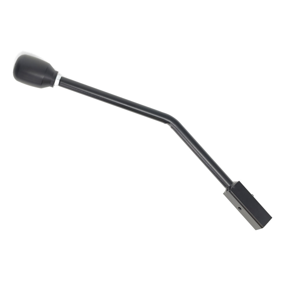 Black metal shift handle with textured 5-speed knob, side view