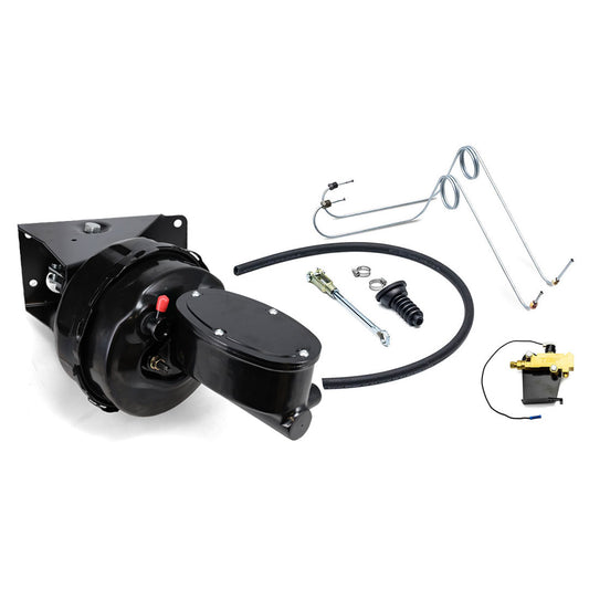 Red 4-wheel disc brake kit with stainless steel lines and proportioning valve, front view