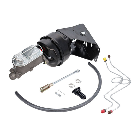 Red cast aluminum brake master cylinder with dual reservoir and mounting bracket, front view