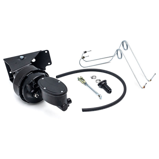 Bronze billet brake master cylinder with black booster, side view