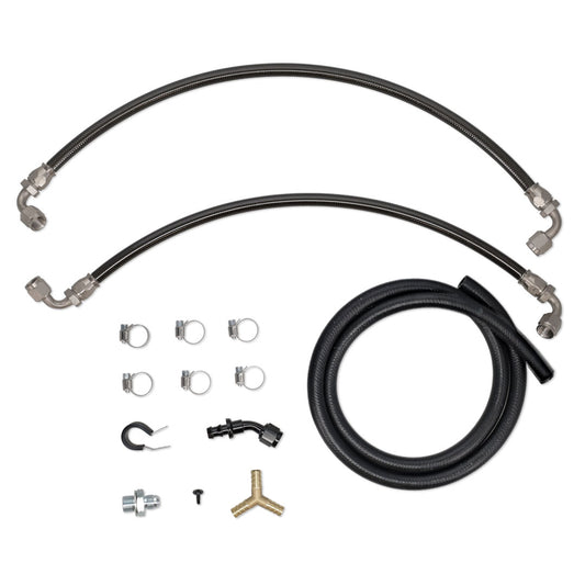 Blue silicone hose kit with stainless steel fittings for engine bay, detail shot