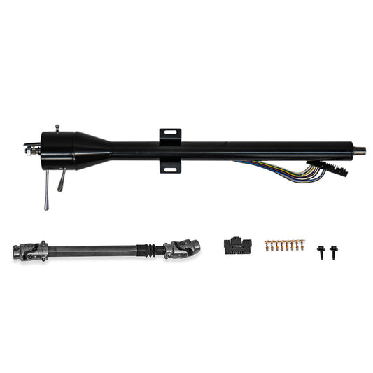 Black manual tilt steering column with floor shift for Ford Bronco, side view
