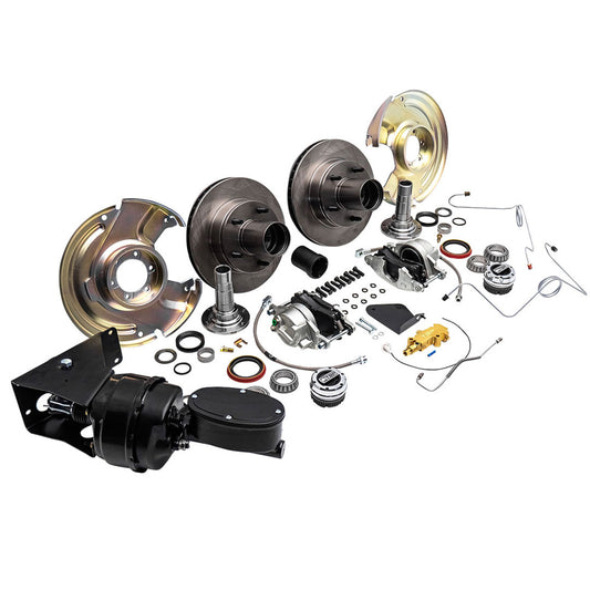 Silver disc brake kit with red calipers and drilled rotors for Ford Bronco, front view