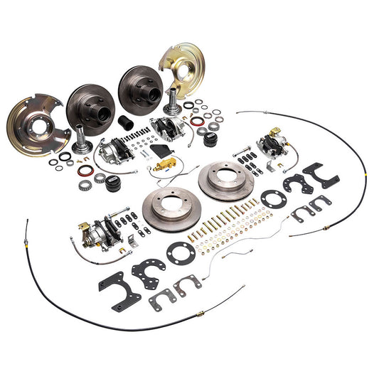 Red 4-wheel disc brake kit with drilled rotors and calipers, front view