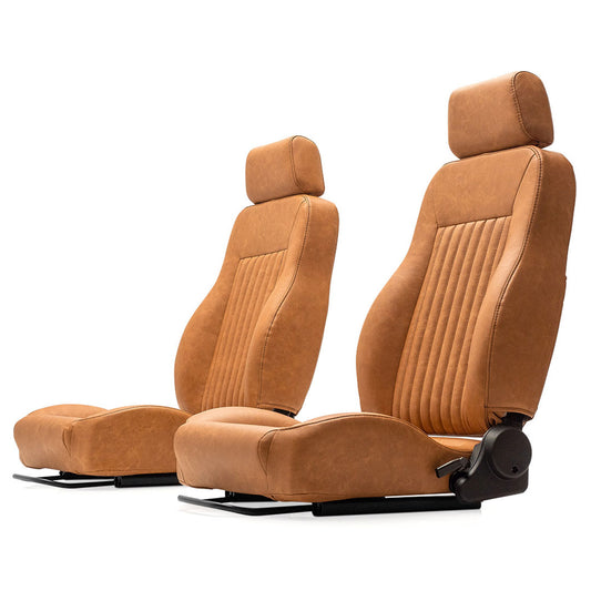Brown deerskin bucket seat with front buckle closure, side view