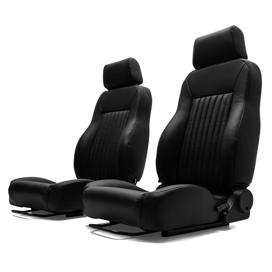 Black bucket seats with front buckle straps and padded backrest, side view